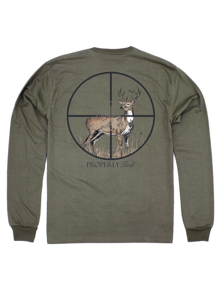 Properly Tied Tee Shirt - Logo Pocket on Front - Back Graphic - Olive Green Deer Scope