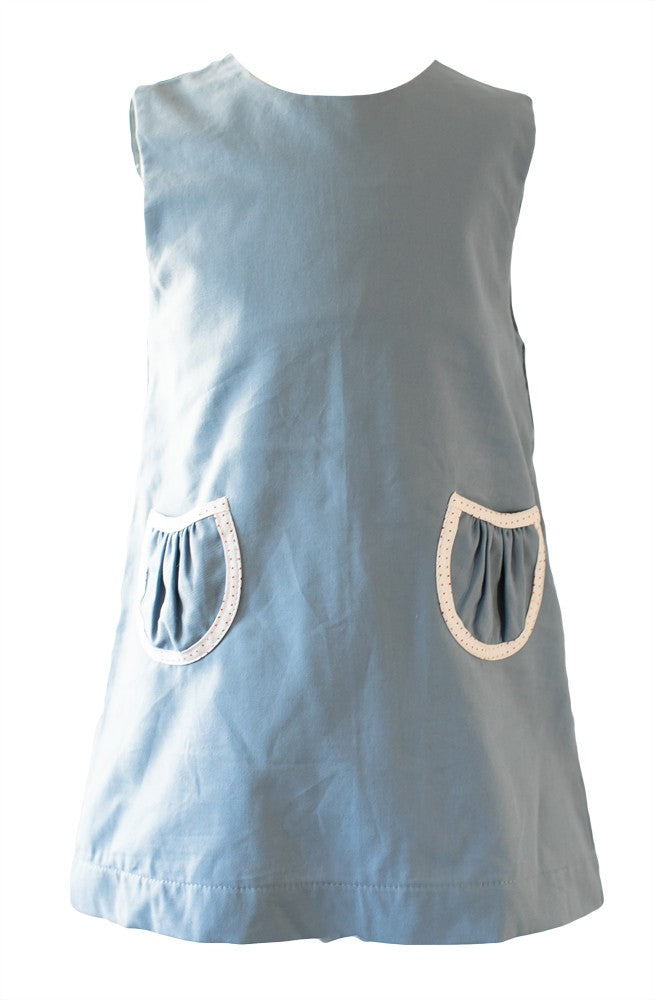 Peggy Green Girls Ella Jumper Dress - Atlantic Blue with Red Dot Trim Pockets Best Dressed Child Peggy Green Girls Ella Jumper Dress - Atlantic Blue with Red Dot Trim Pockets Best Dressed Child