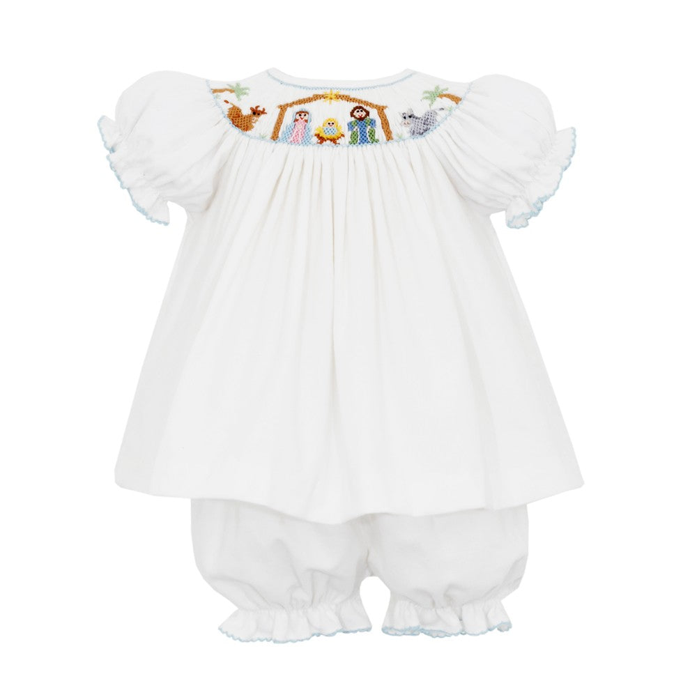 Petit Bebe Baby Girls Winter White Corduroy Bloomers Set - Smocked Nativity Scene