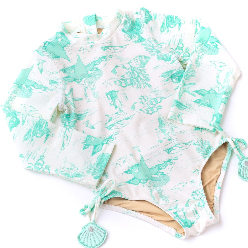 Shade Critters Girls One Piece Long Sleeve Swimsuit - Aqua Mermaid Toile