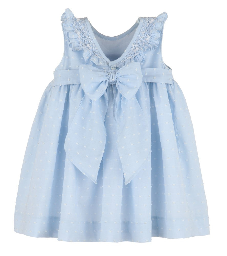 Luli & Me Girls Blue Dotted Swiss Sleeveless Smocked Dress - Smocked Collar