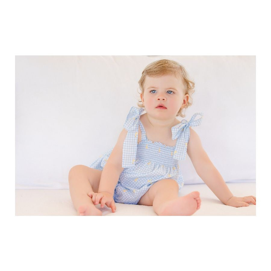 Sal & Pimenta Baby Girls Blue Check Bubble with Ties - Embroidered Ducklings by Sal & Pimenta