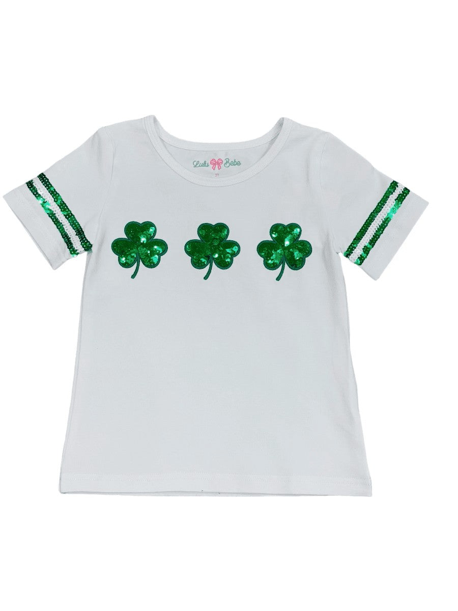 LuLu BeBe Girls White Tee Shirt - Green Sequin St. Patrick's Day Clovers