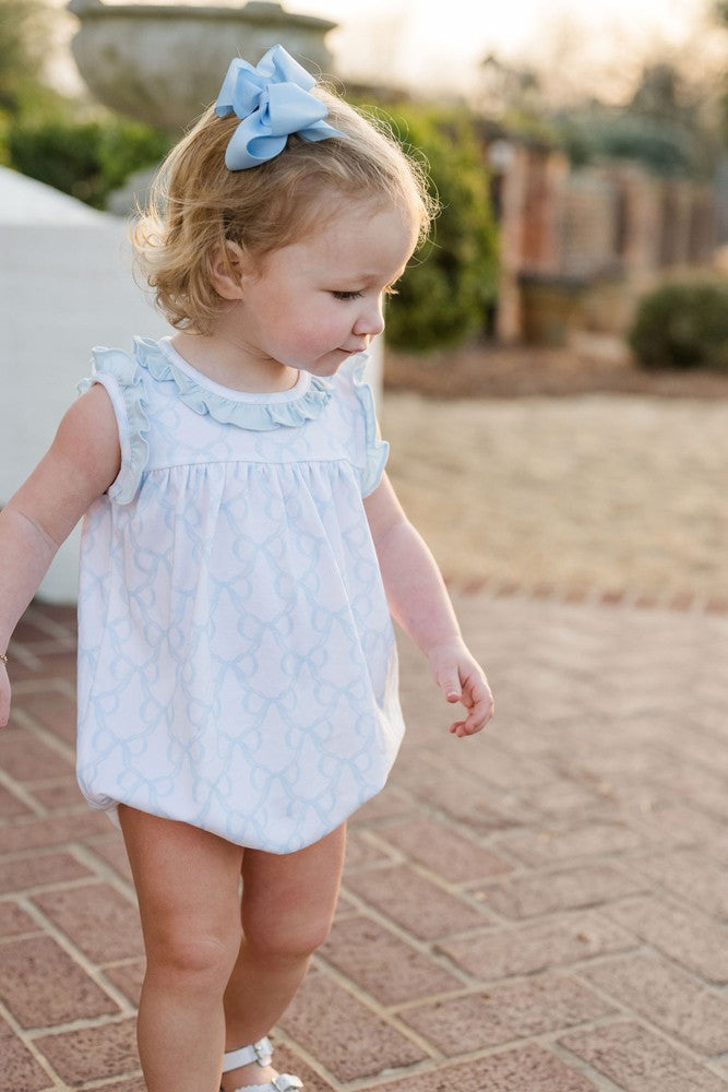 James & Lottie Baby Girls Rosie Bubble - Blue Put a Bow on It Print