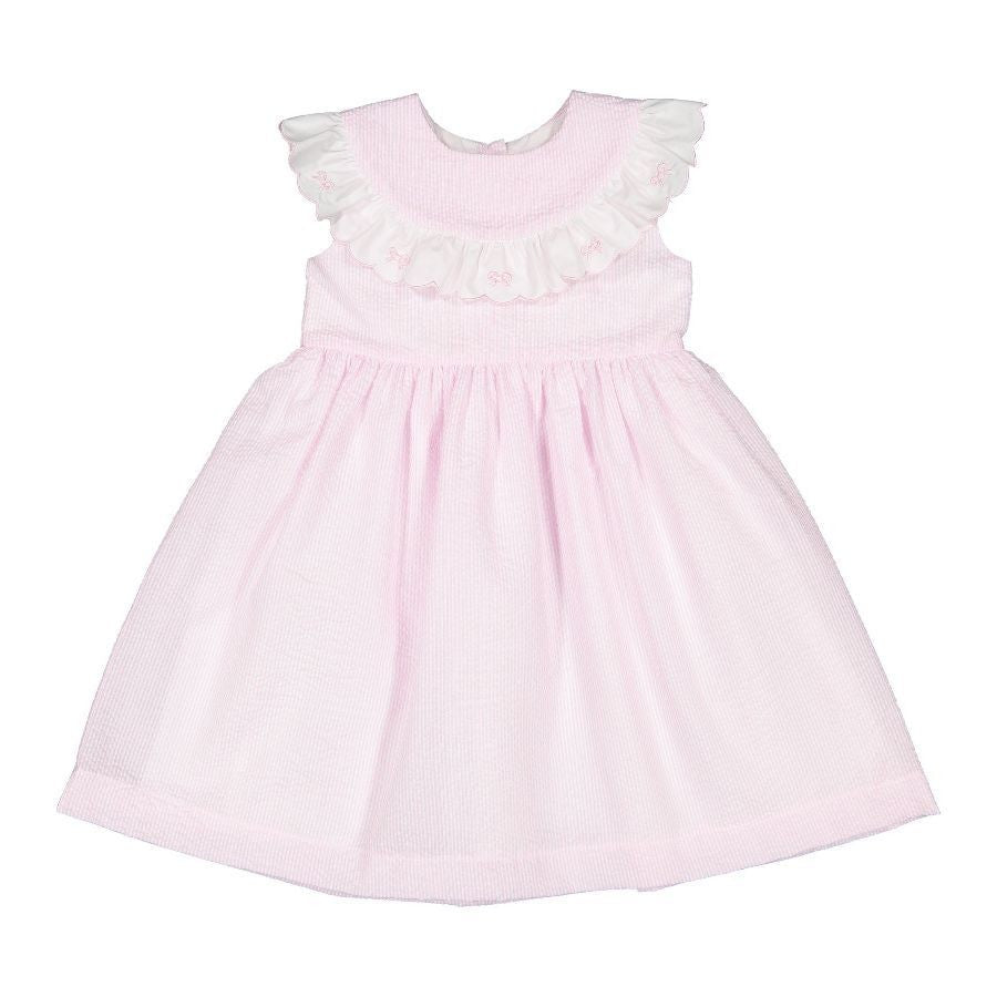 Sal & Pimenta Girls Pink Seersucker Dress - Scallop Collar with Embroidered Bows 3T Sal & Pimenta Girls Pink Seersucker Dress - Scallop Collar with Embroidered Bows 3T