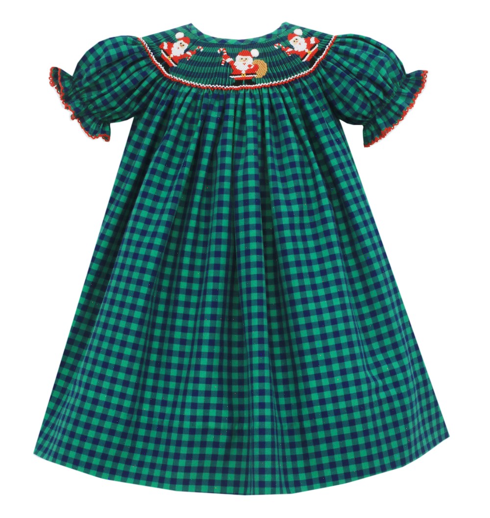Petit Bebe Baby / Toddler Girls Green Holiday Plaid Smocked Santa Bishop Dress
