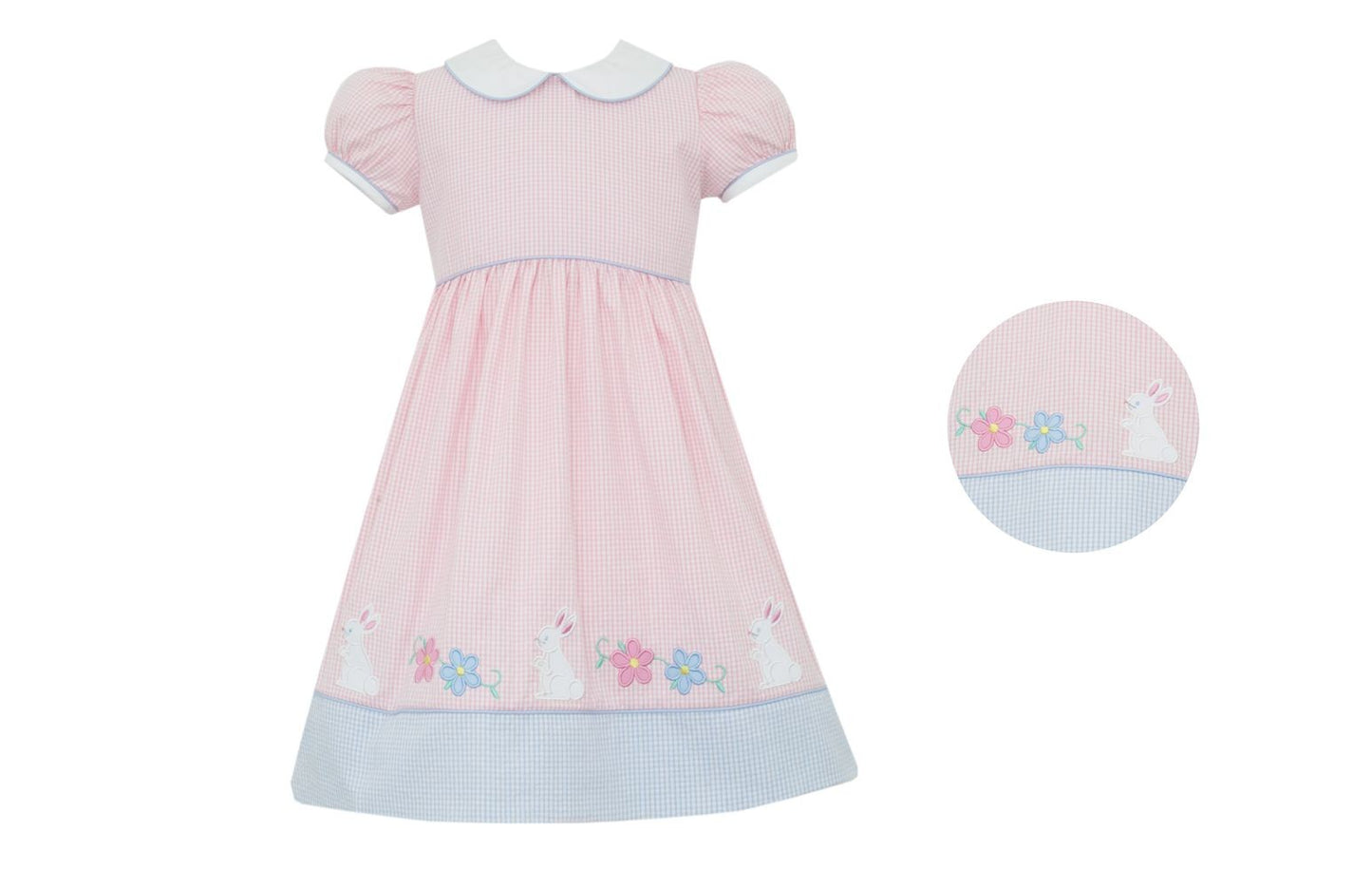 Claire & Charlie Girls Pink & Blue Gingham Seersucker Dress - Bunny Garden