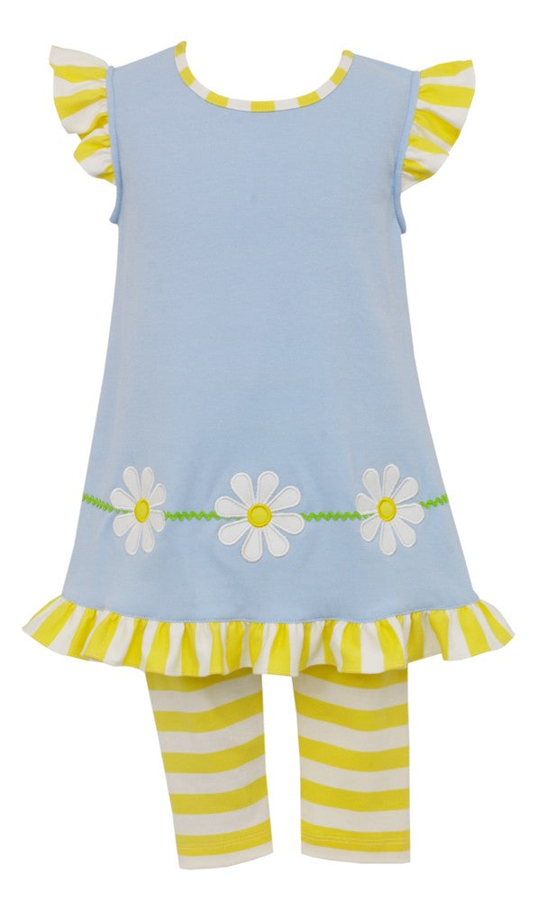 Claire & Charlie Girls Blue Stripe Daisy Tunic with Yellow Striped Leggings