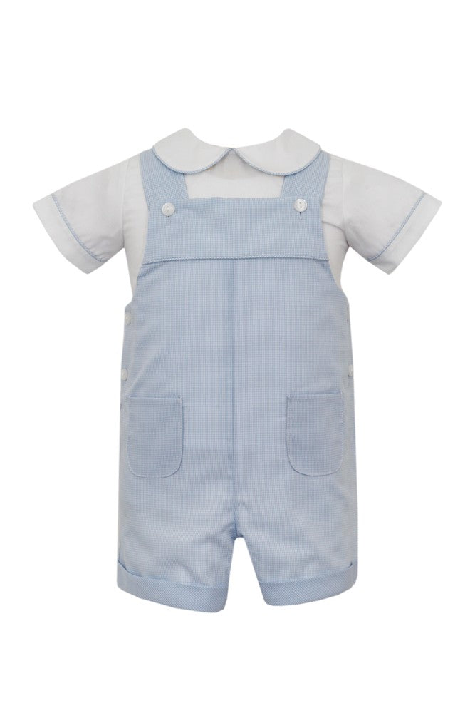 Anavini Boys Light Blue Tiny Gingham Pocket Shortall with Shirt