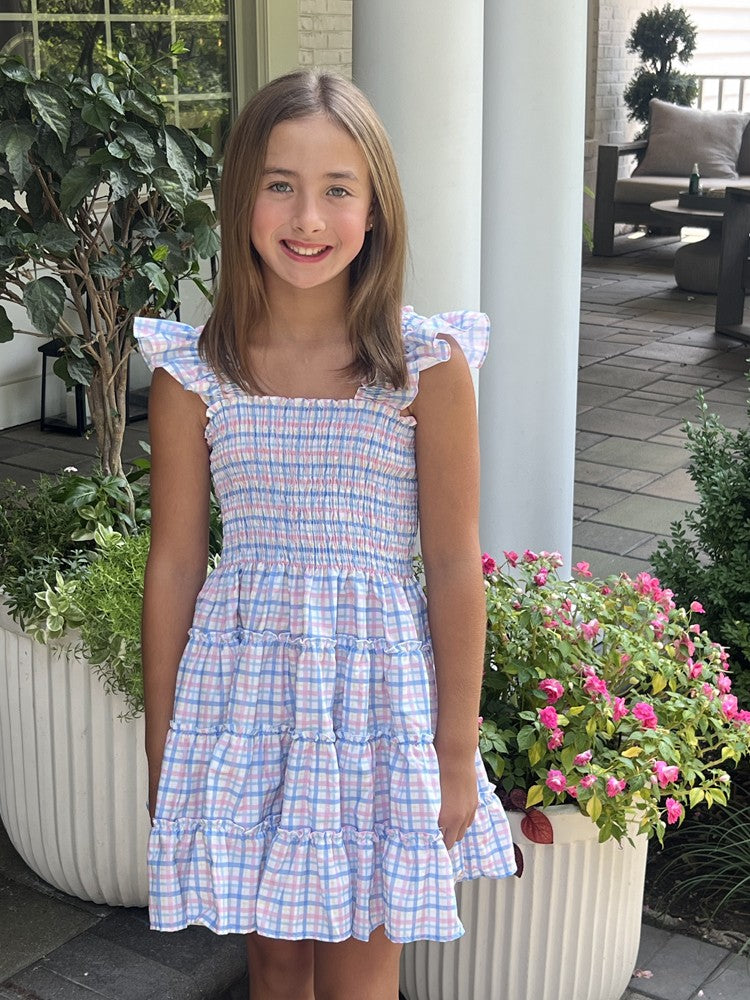 Be Elizabeth by James & Lottie Girls Charlotte Smocked Dress - Blue Pastels Plaid by James & Lottie