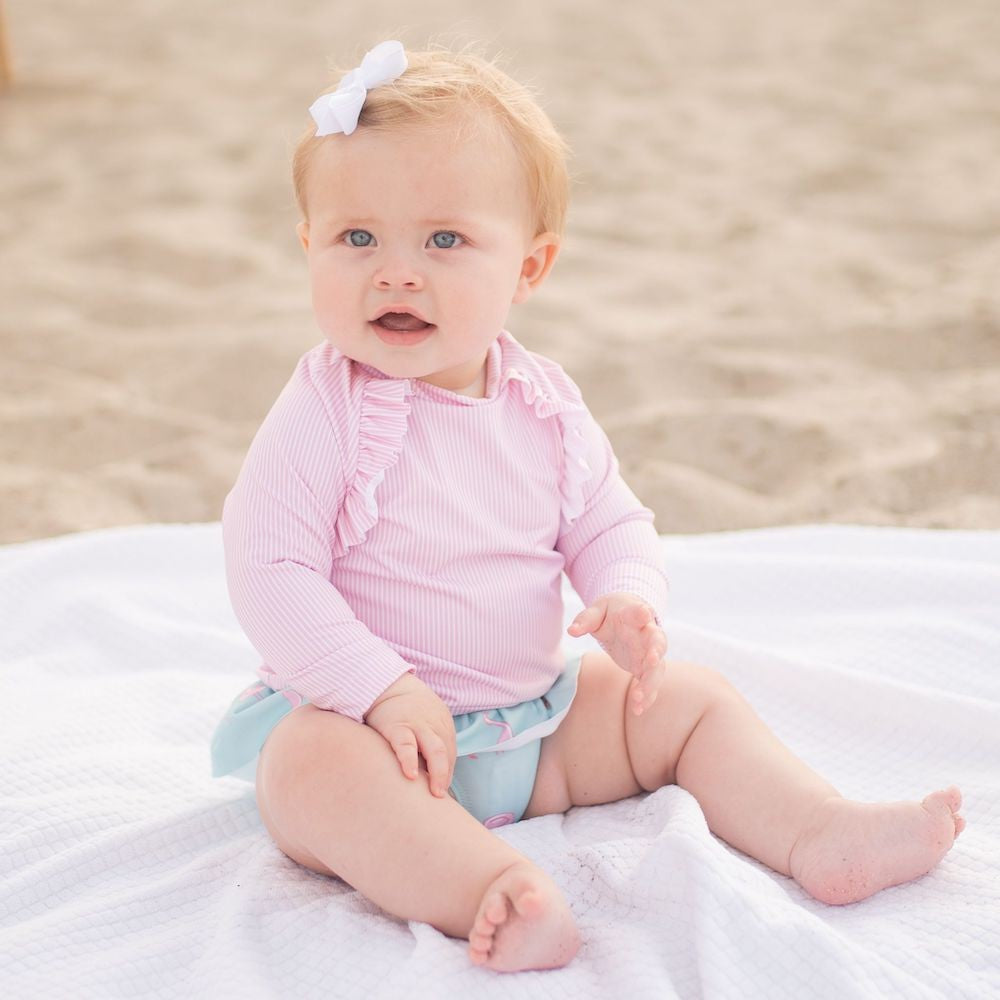 James & Lottie Girls Charlotte Rash Guard Swim Set - Pink Stripe Top with Flamingo Print Ruffle Bottoms