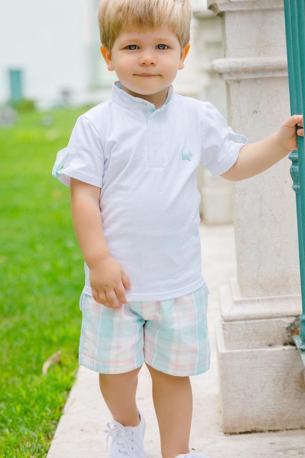 Sal & Pimenta Boys White Polo Shirt - Pink & Blue Breeze Plaid Trim