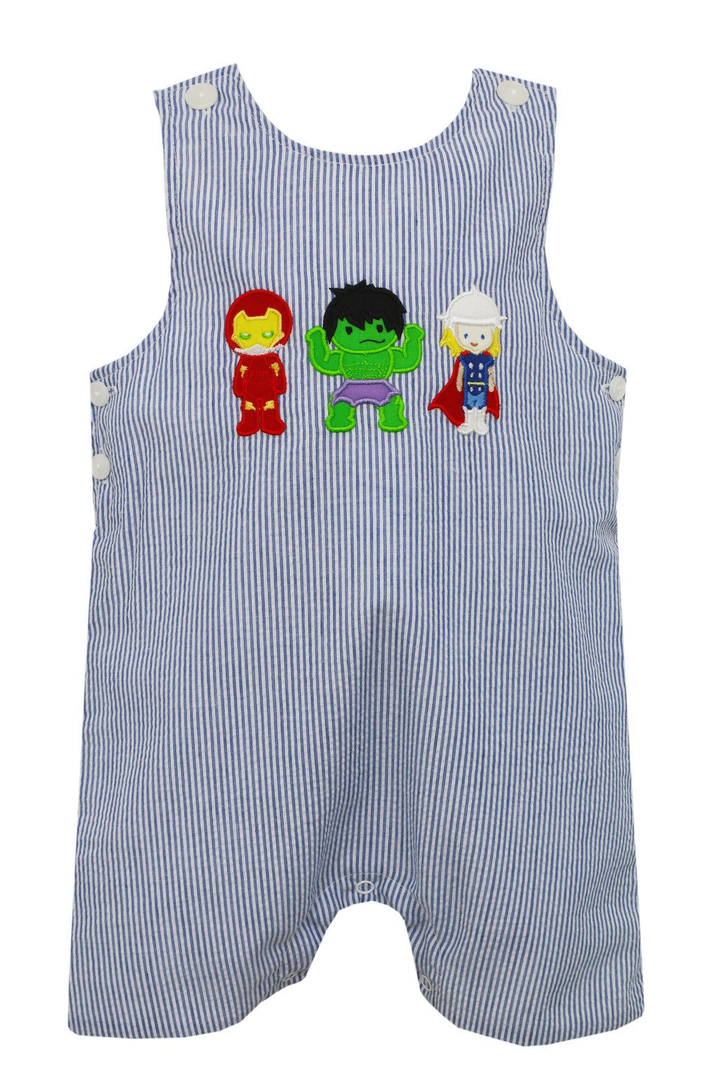 Claire & Charlie Toddler Boys Blue Stripe Seersucker Shortall - Applique Super Heroes by Claire & Charlie