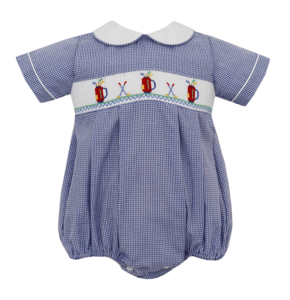 Petit Bebe Baby Boys Navy Blue Check Smocked Golf Bubble