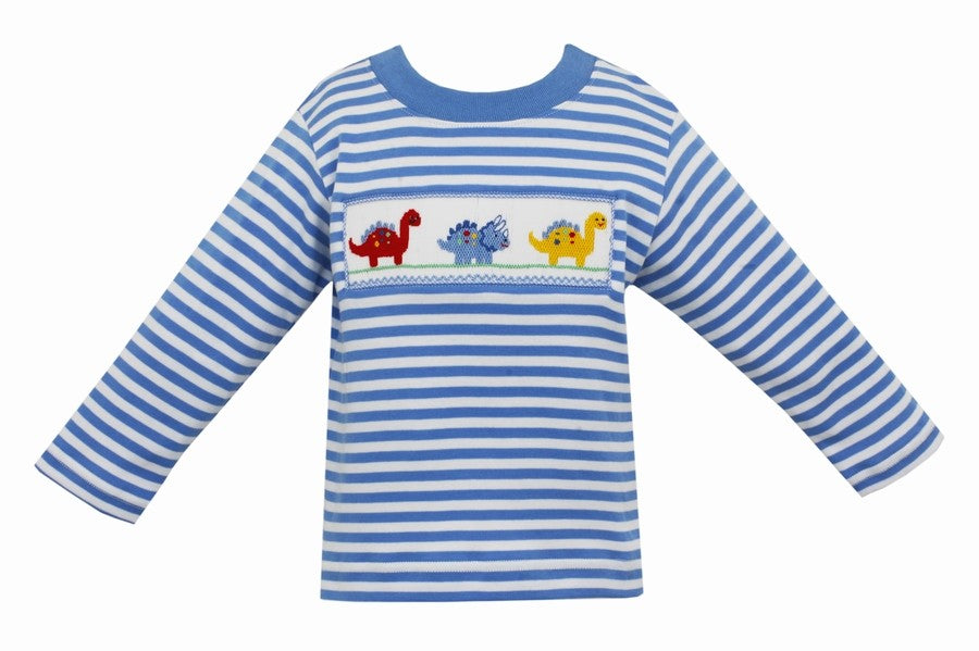 Anavini Boys Periwinkle Blue Striped Shirt - Smocked Dinosaurs