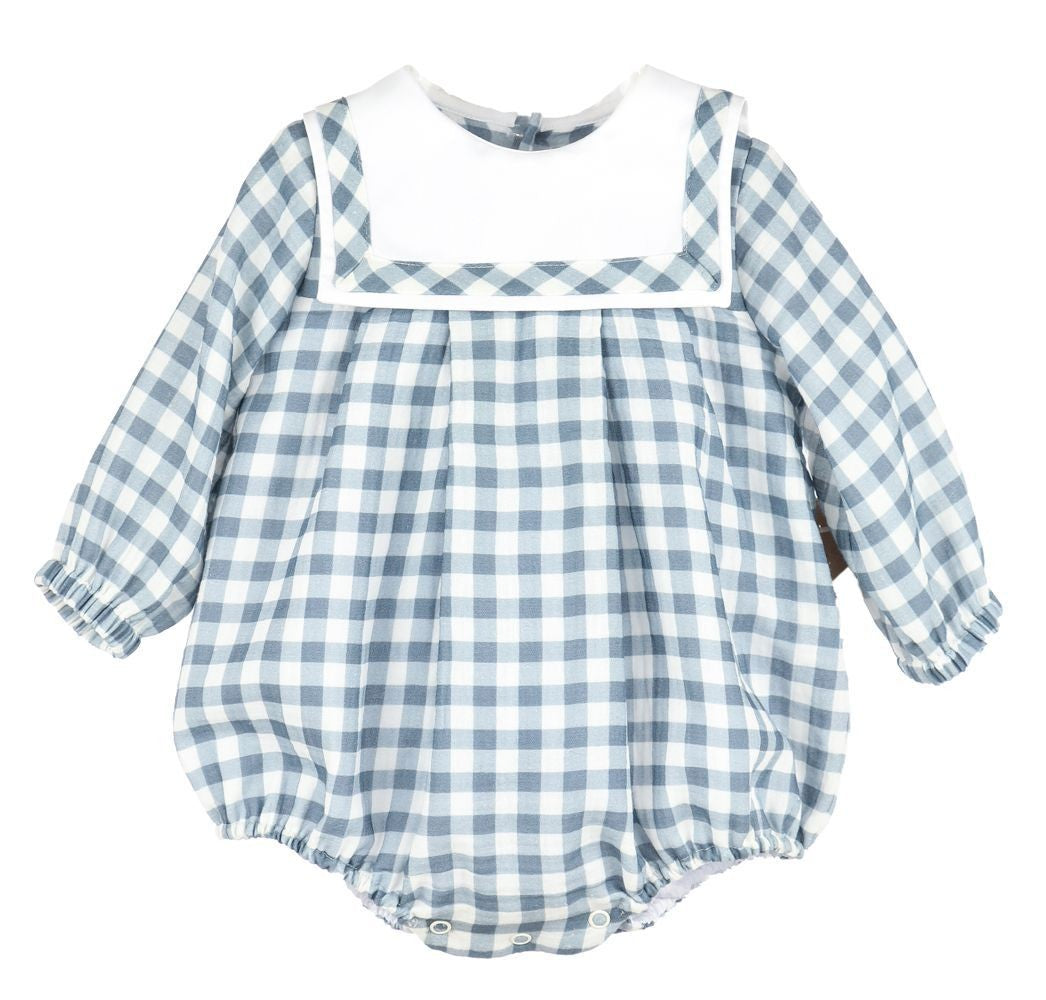 Sophie & Lucas Baby Boys Cuddle Cotton Check Bubble - Square Collar - Blue