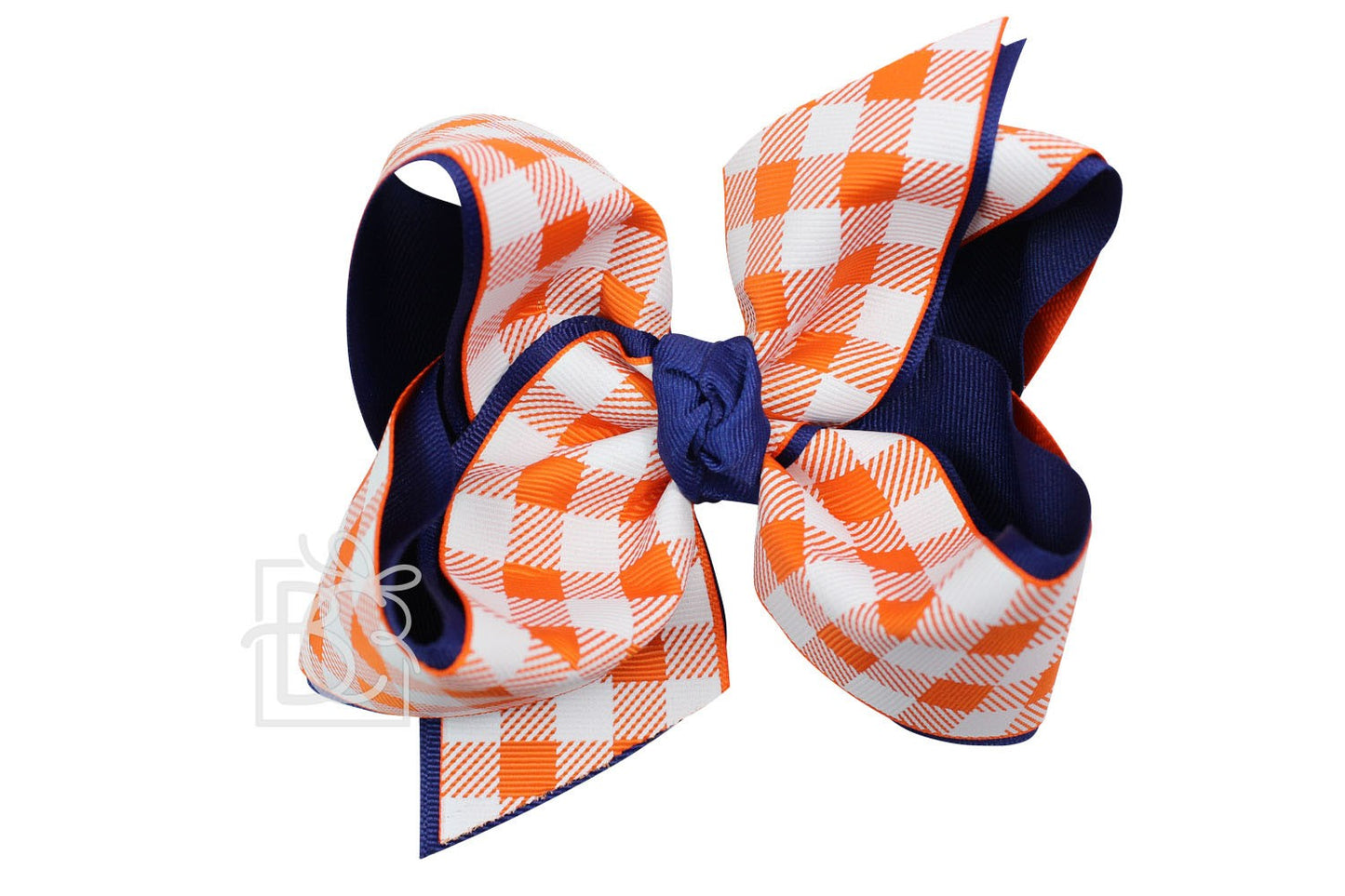 Beyond Creations Girls Layered Bow on Clip - Auburn - Navy Blue with Orange Buffalo Plaid