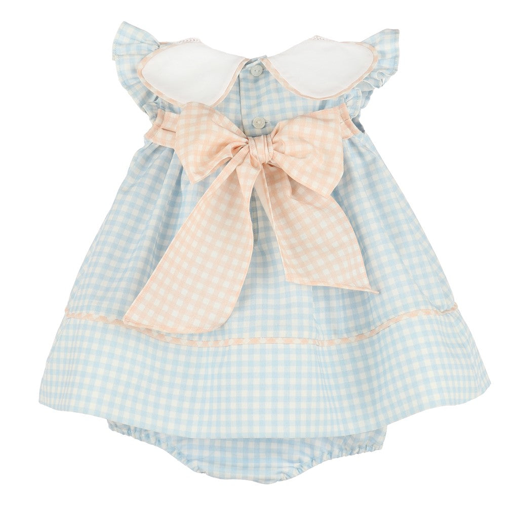 Sophie & Lucas Girls Classic Petal Collar Float Dress - Peach Bow on Back - Blue Gingham