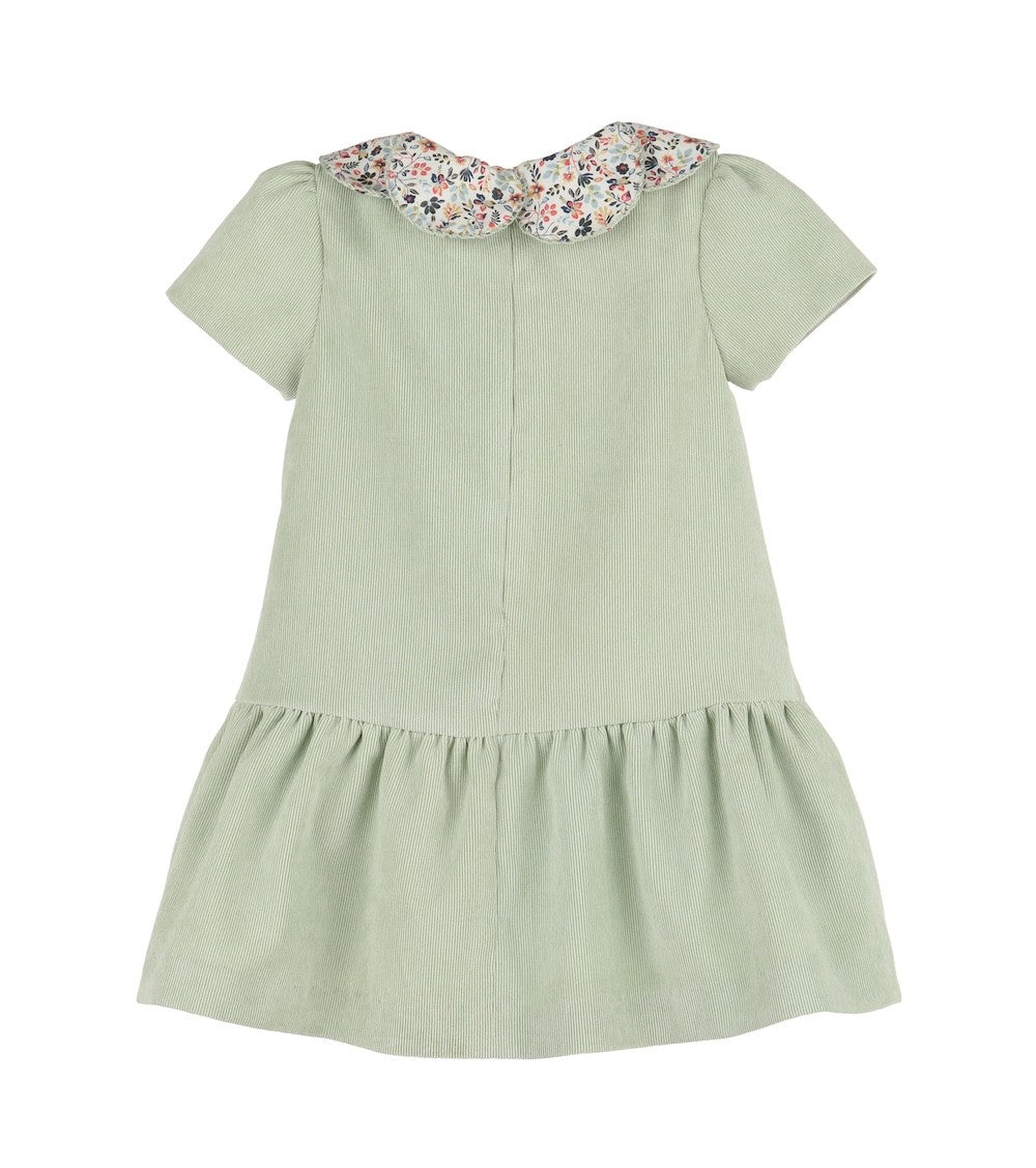 Luli & Me Girls Majestic Petals Drop Waist Dress - Green Cord with Floral Collar