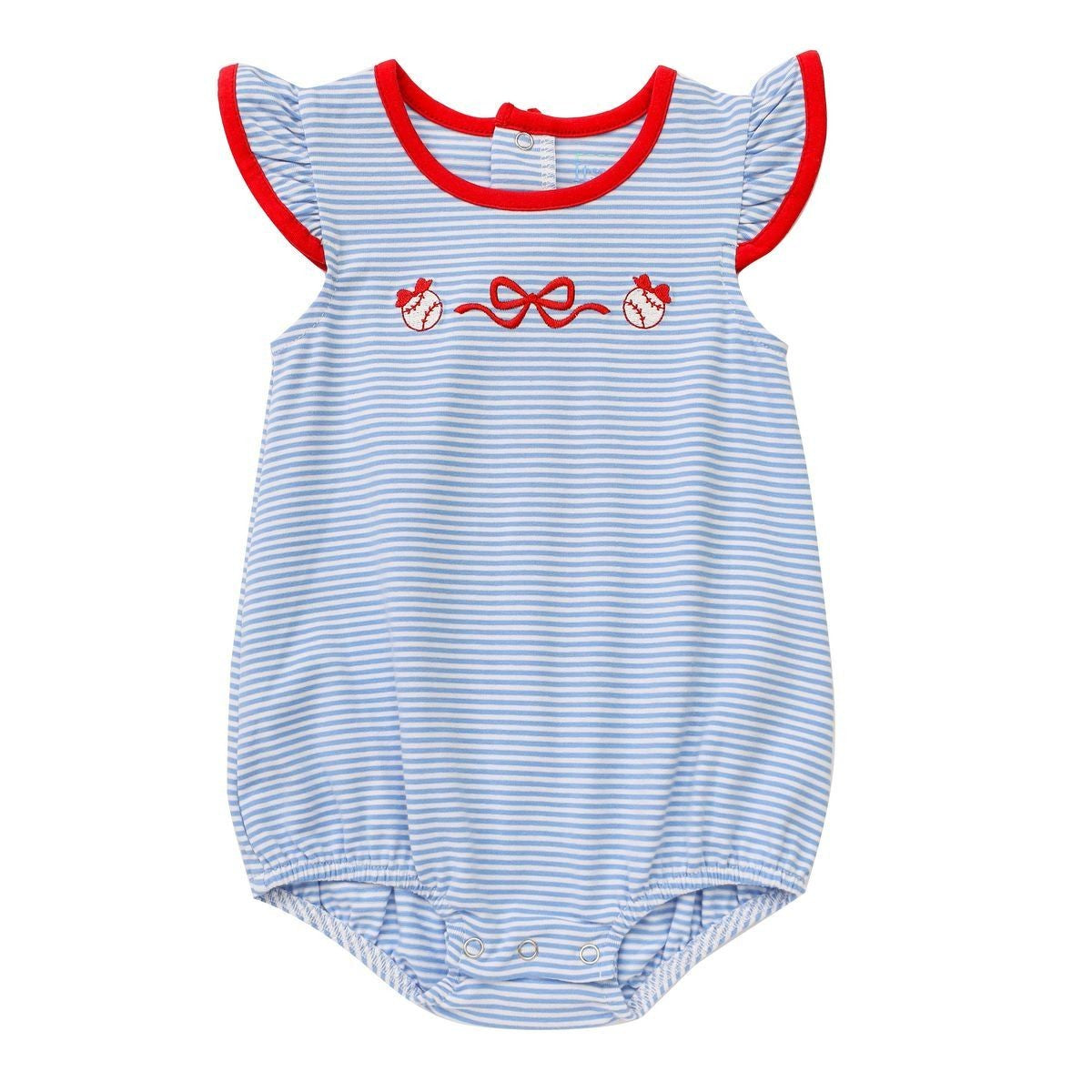 Itsy Bitsy Baby Girls Flutter Bubble - Blue with Baseball Bow - Red Trim by Itsy Bitsy