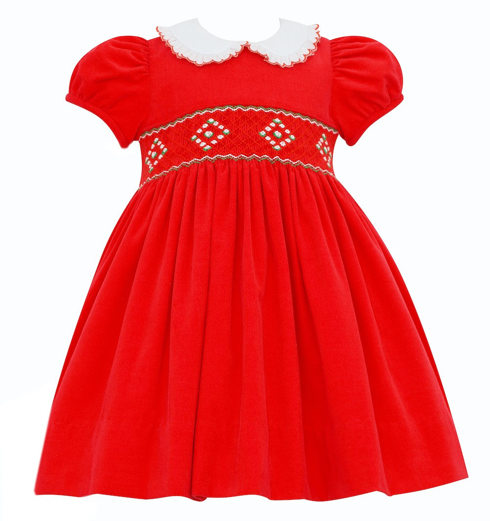 Anavini Couture Girls Red Corduroy Smocked Christmas Dress - White Collar - Float Dress 24M Anavini Couture Girls Red Corduroy Smocked Christmas Dress - White Collar - Float Dress 24M
