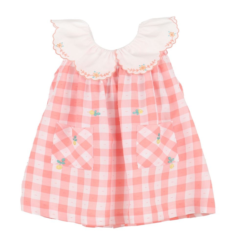 Sophie & Lucas Girls Coral Check Pocket Dress - Embroidery Lemons