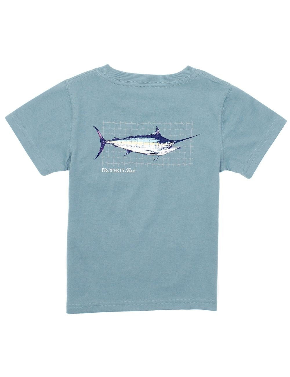 Properly Tied T-Shirt - Logo Pocket on Front - Graphic on Back - Swordfish on Steel Blue by Properly Tied