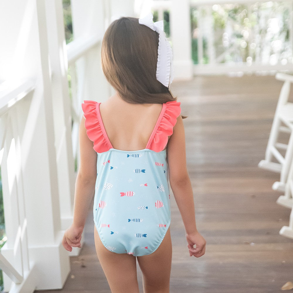 James & Lottie Girls Frances One Piece Bathing Suit - Blue Fish