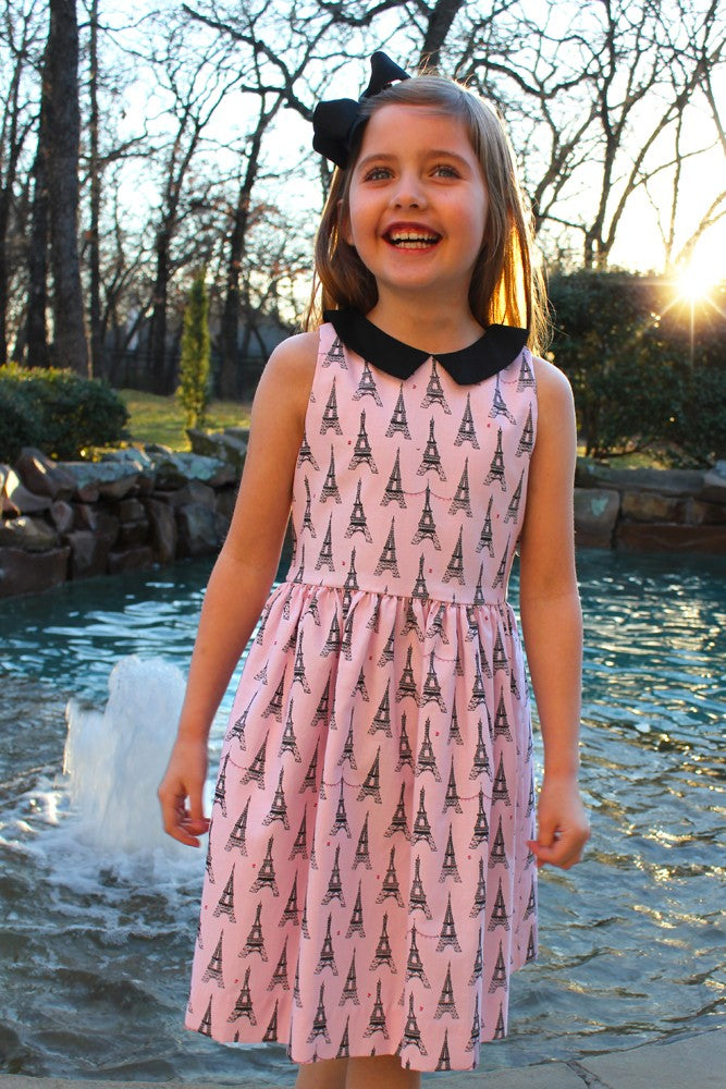 Susanne Lively Girls Print Eiffel Tower Print Dress with Collar