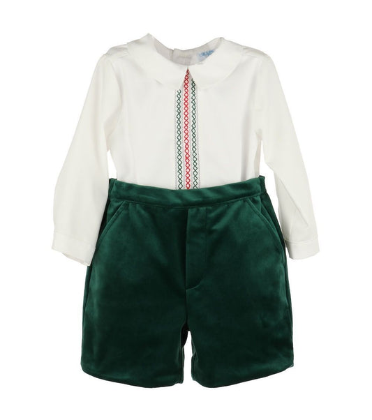 Luli & Me Boys Deluxe Velvet Shorts Set - Embroidery Shirt - Emerald Green