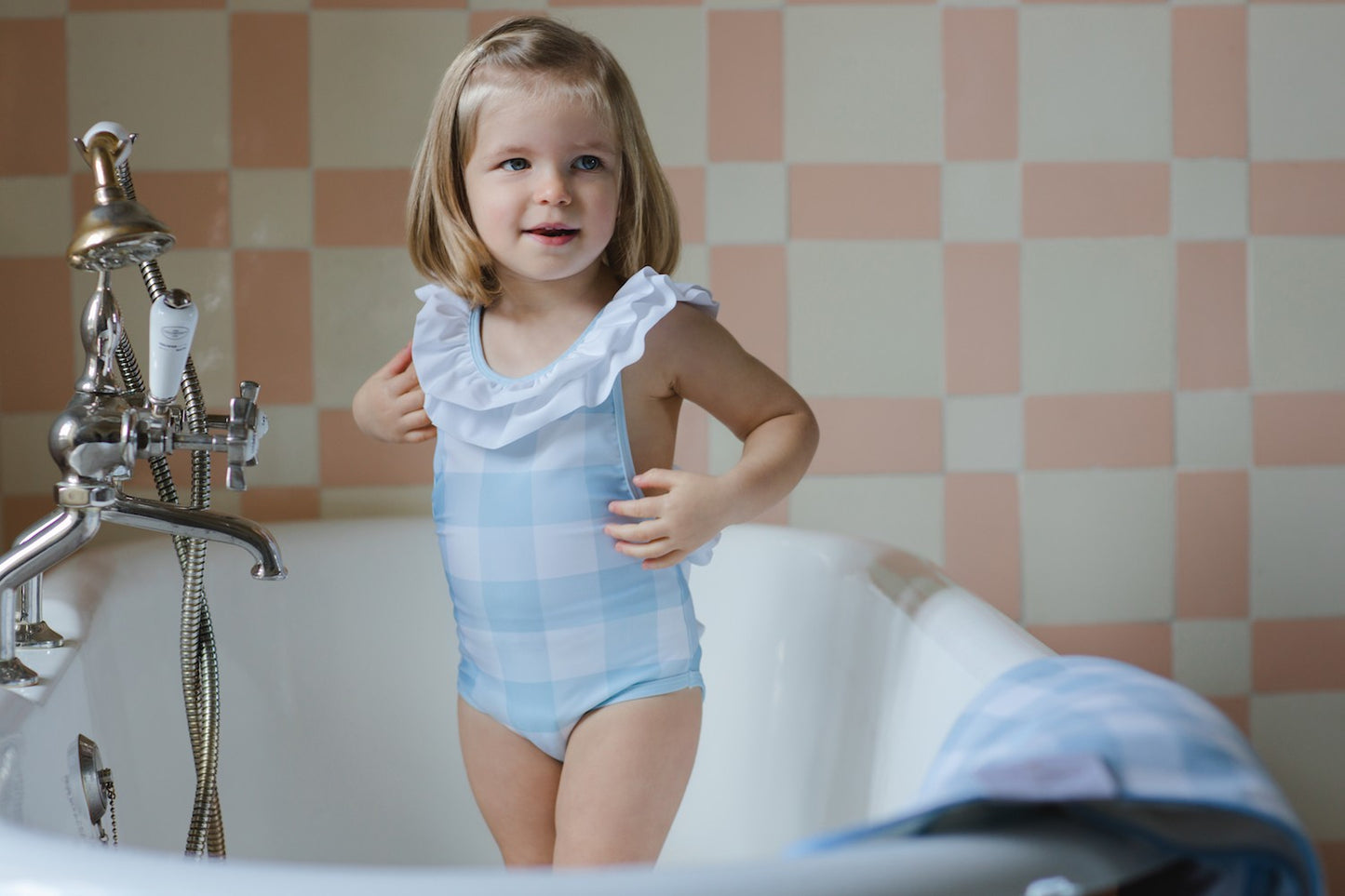 Sal & Pimenta Girls Criss Cross Ruffle Swimsuit - Bow in Back - Buffalo Check - Blue