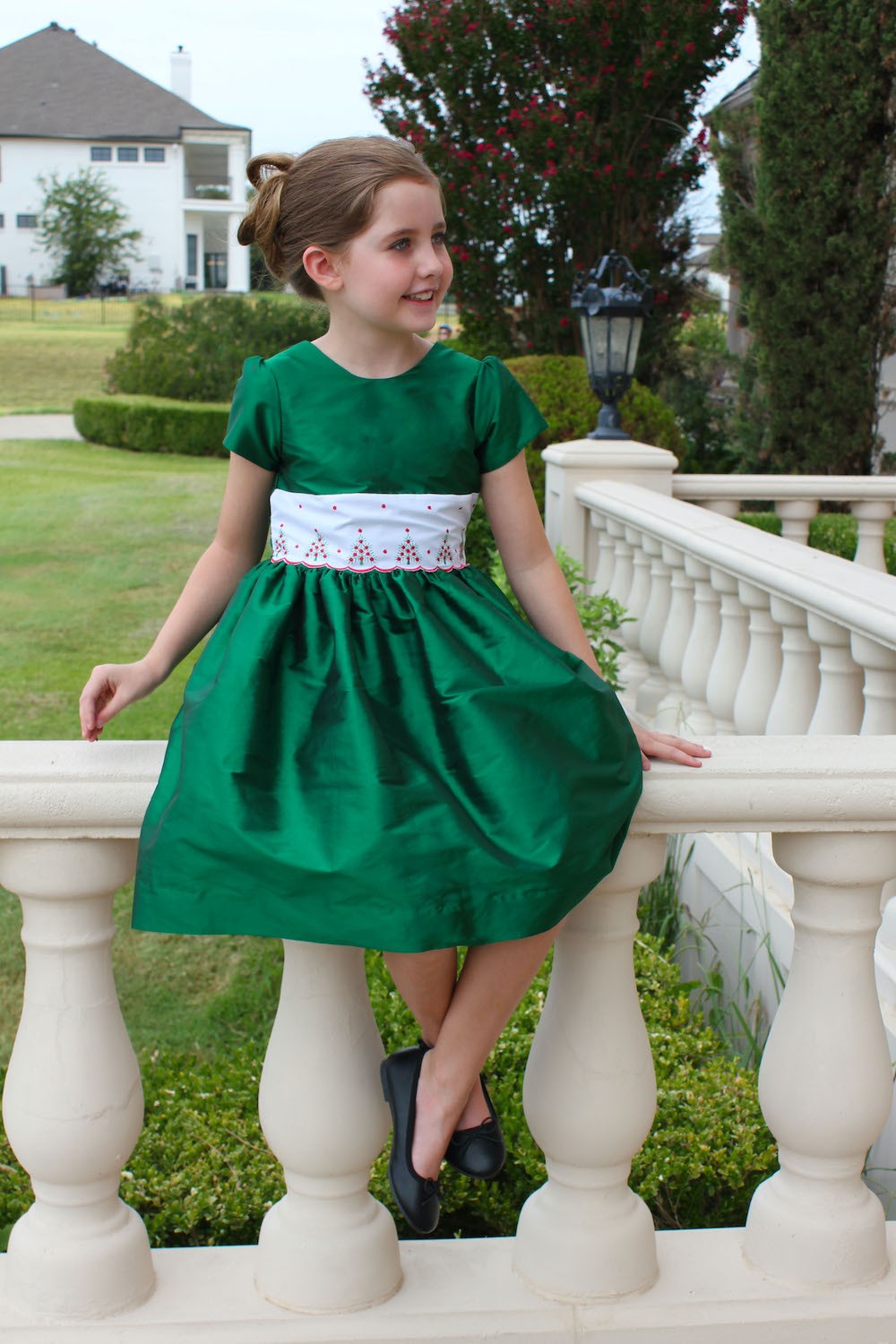 Susanne Lively Girls Christmas Dress - Emerald Green - Embroidered Trees Waist