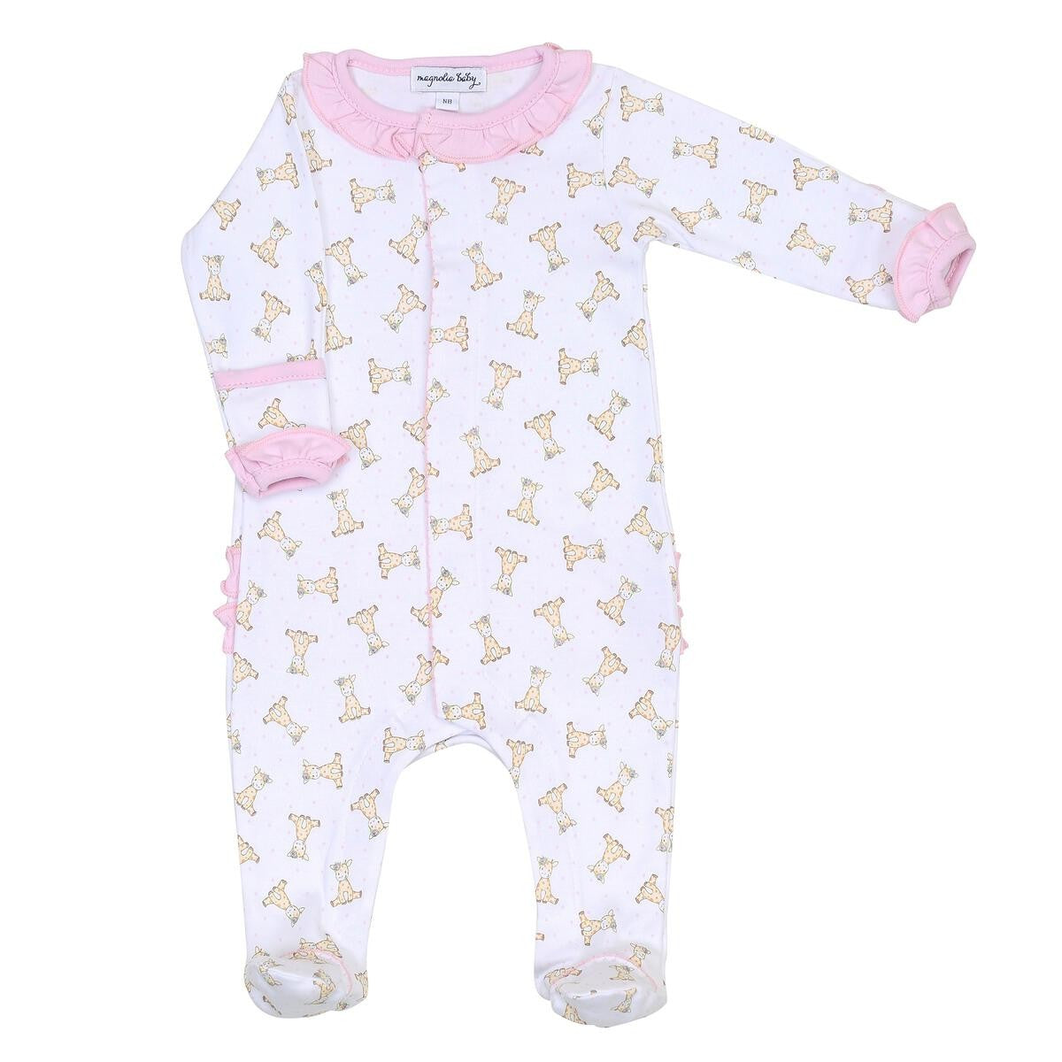 Magnolia Baby Girls Pink Darling Giraffes Printed Ruffle Footie
