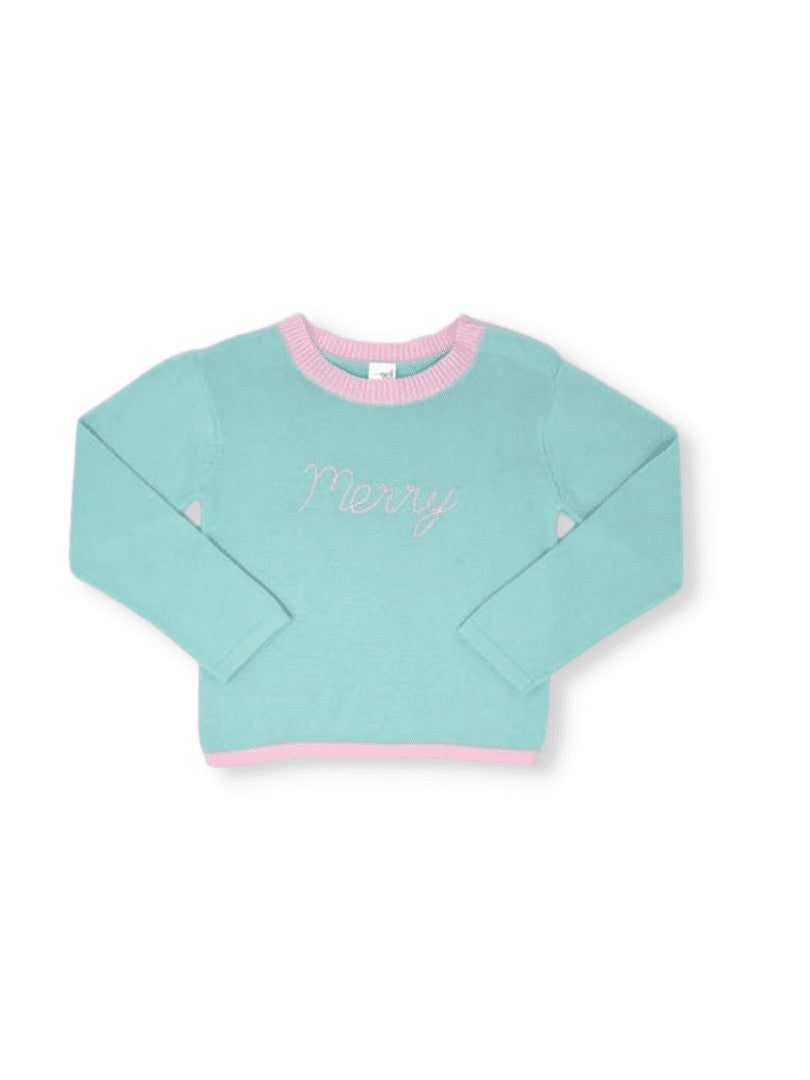 Lullaby Set Girls Christmas Sweater - Mint Aqua with Pink Embroidered Merry