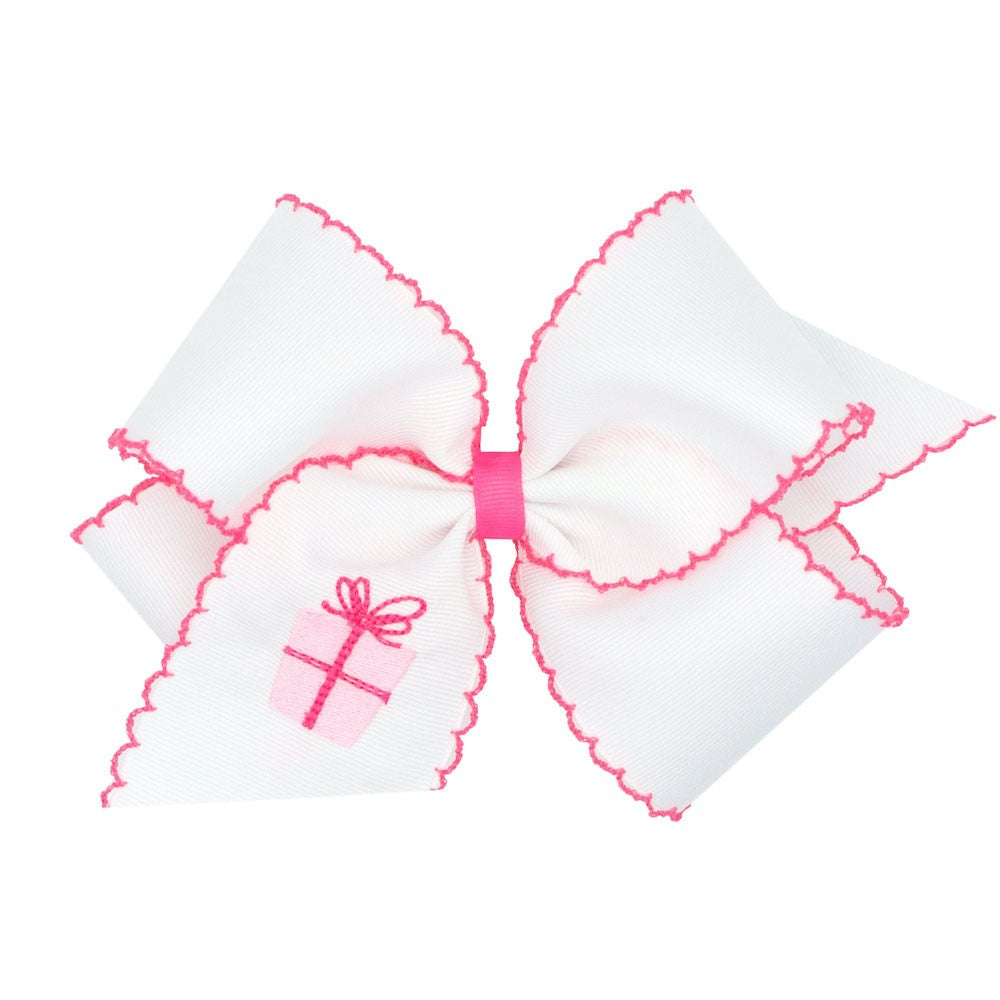 Wee Ones Girls White Hair Bow - Hot Pink Moonstitch - Embroidered Birthday Present by Wee Ones