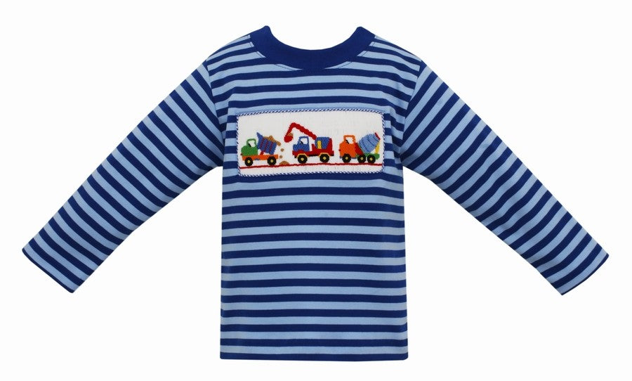 Anavini Boys Long Sleeve Shirt - Blue Stripes - Smocked Construction Trucks