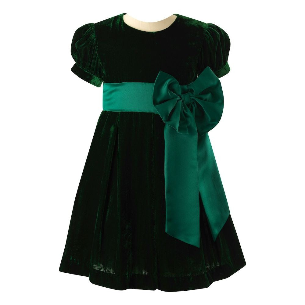Rachel Riley London Girls Crushed Velvet Holiday Bow Dress - Green