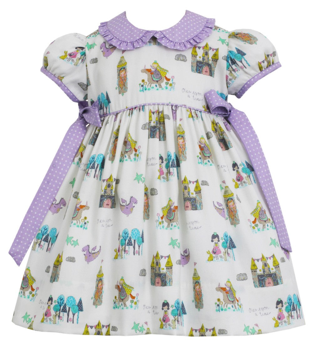 Petit Bebe Toddler Girls Purple Princess Print Dress - Side Bows by Petit Bebe