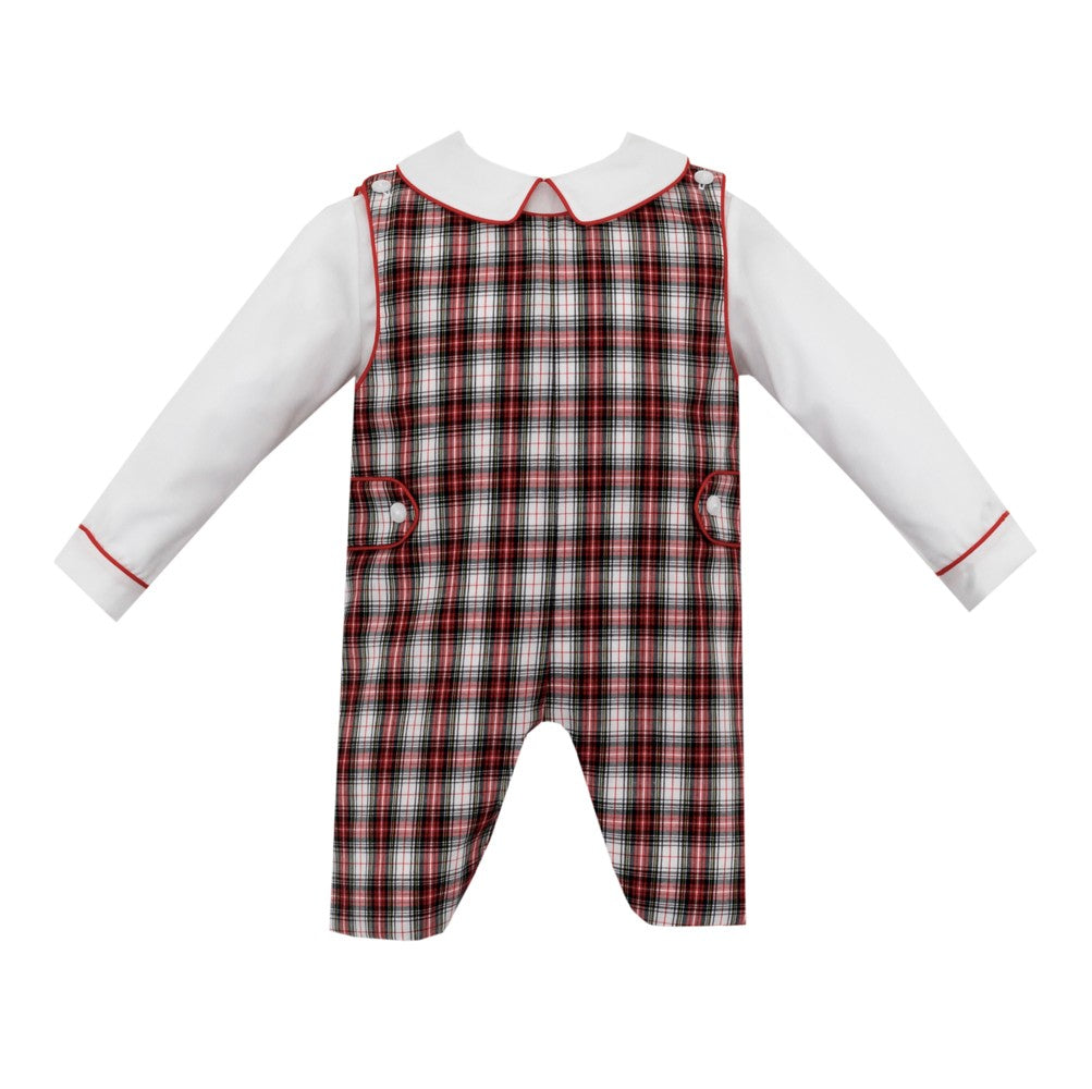 Petit Bebe Boys Red Holiday Plaid Christmas Shortall with Shirt