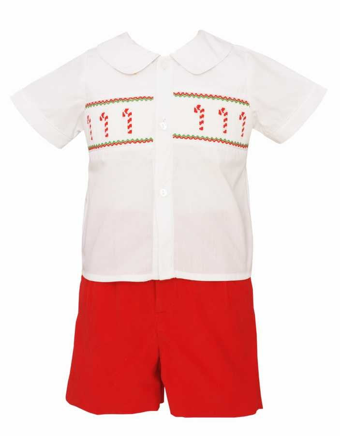 Anavini Baby / Toddler Boys Red Corduroy Smocked Candy Canes Short Set by Anavini