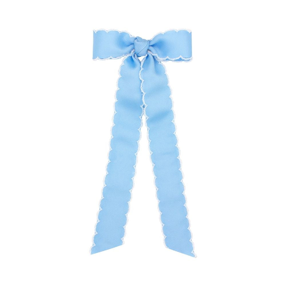 Wee Ones Girls Grosgrain Moonstitch Bow with Streamers - Blue with White by Wee Ones