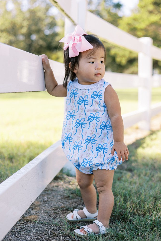 Proper Peony Pima Baby Girls Blue Blossom Bows Bubble