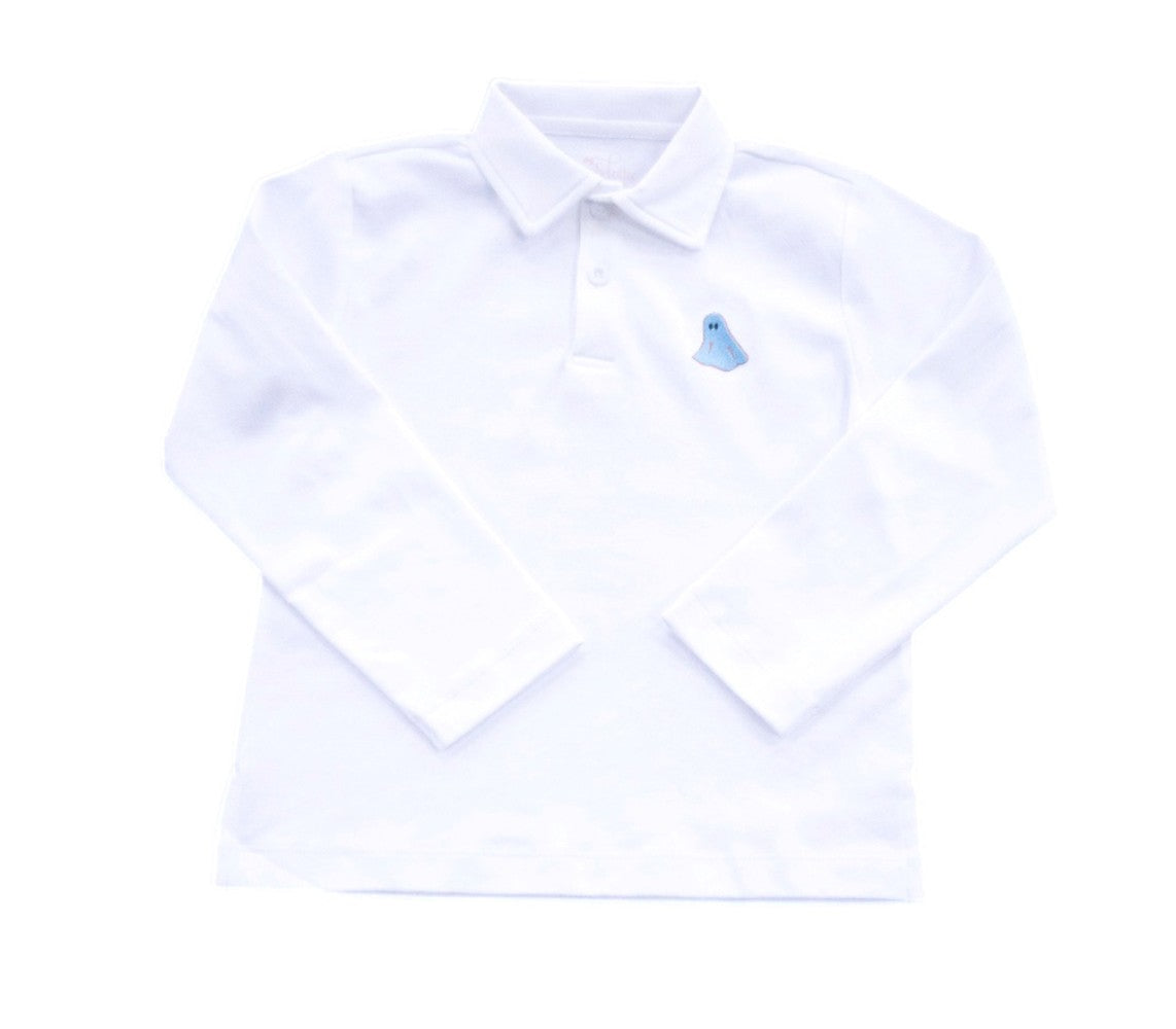 James & Lottie Boys Shorts Set - Blue Halloween Ghosts with White Polo Shirt