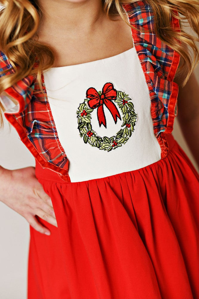 Swoon Baby Girls Red Pinafore Christmas Wreath Dress