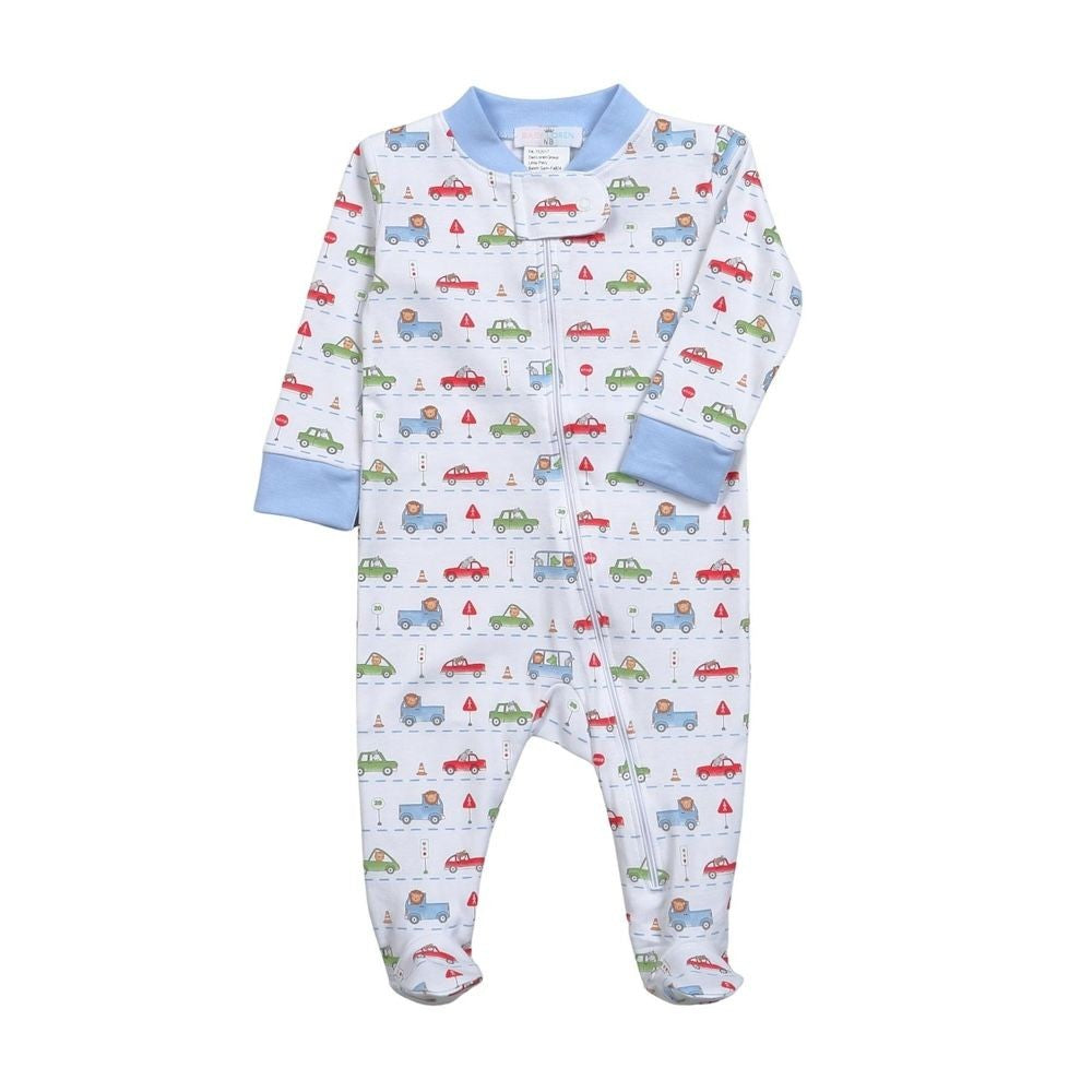 Baby Loren Boys Pima Zipper Footie - Blue Little Drivers by Baby Loren