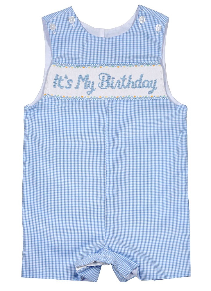 Anavini Baby / Toddler Boys Blue Check Smocked "It's My Birthday" Jon Jon