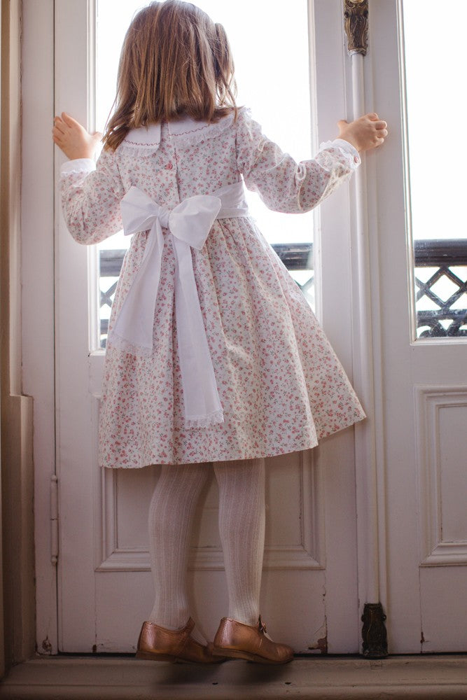 Sal & Pimenta Girls Dress - Itsy Bitsy Pink Floral Embroidered with Sash by Sal & Pimenta