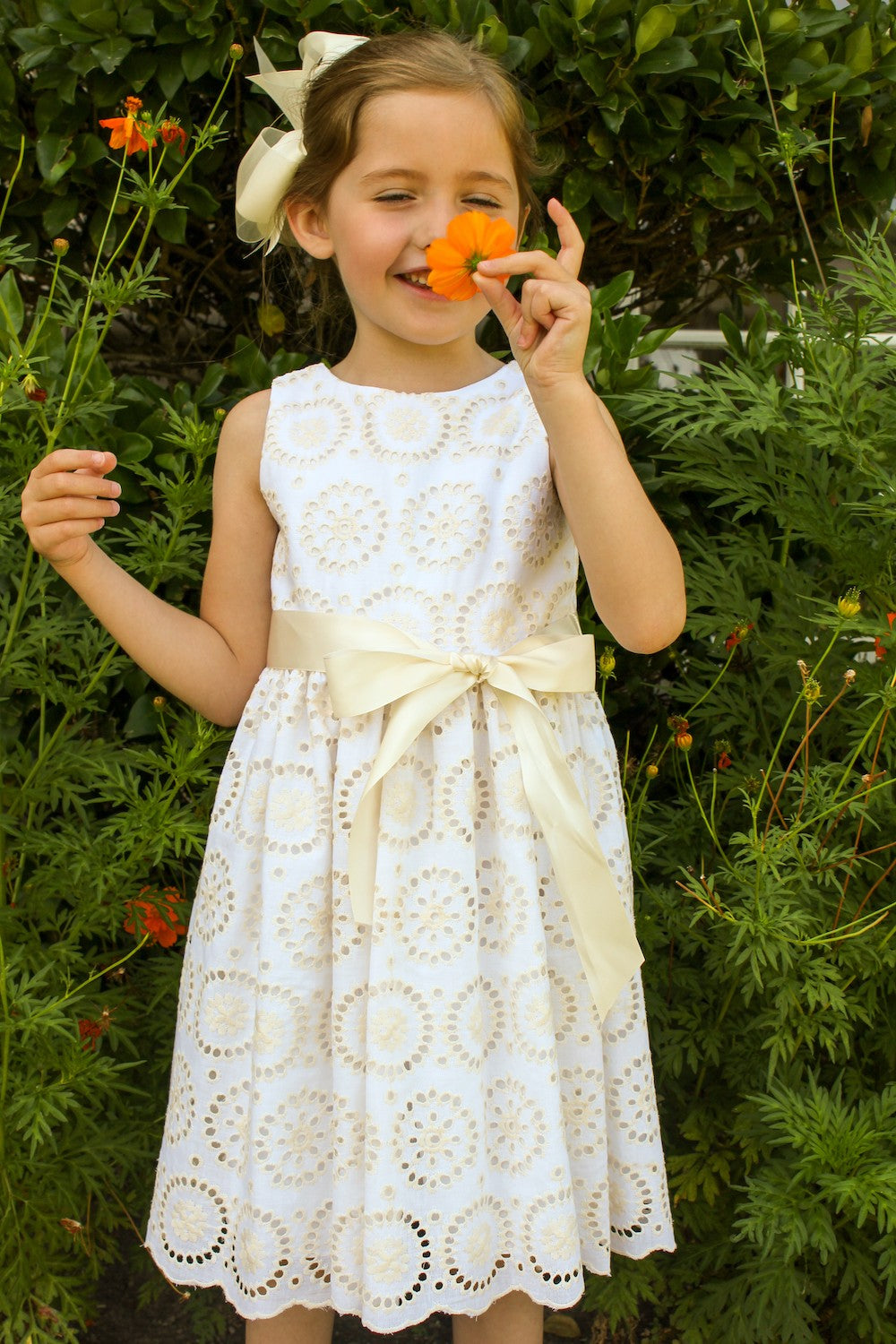 Susanne Lively Girls Sleeveless Ivory / White Eyelet Dress - V-Back