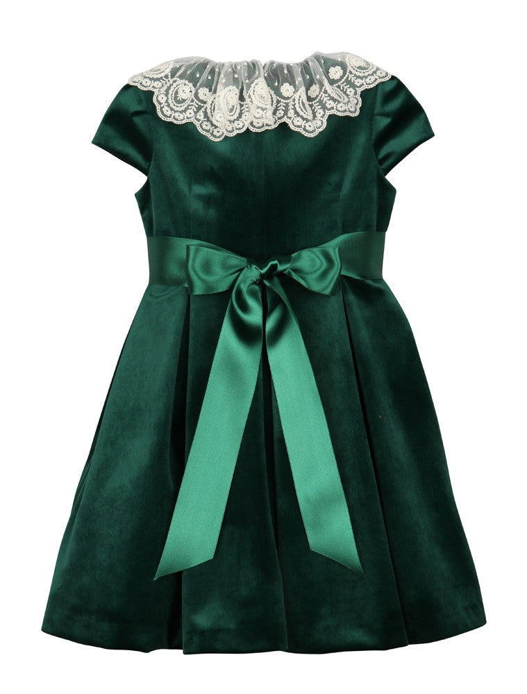 Luli & Me Girls Luxe Velvet Holiday Dress - Lace Collar - Ribbon Sash - Green