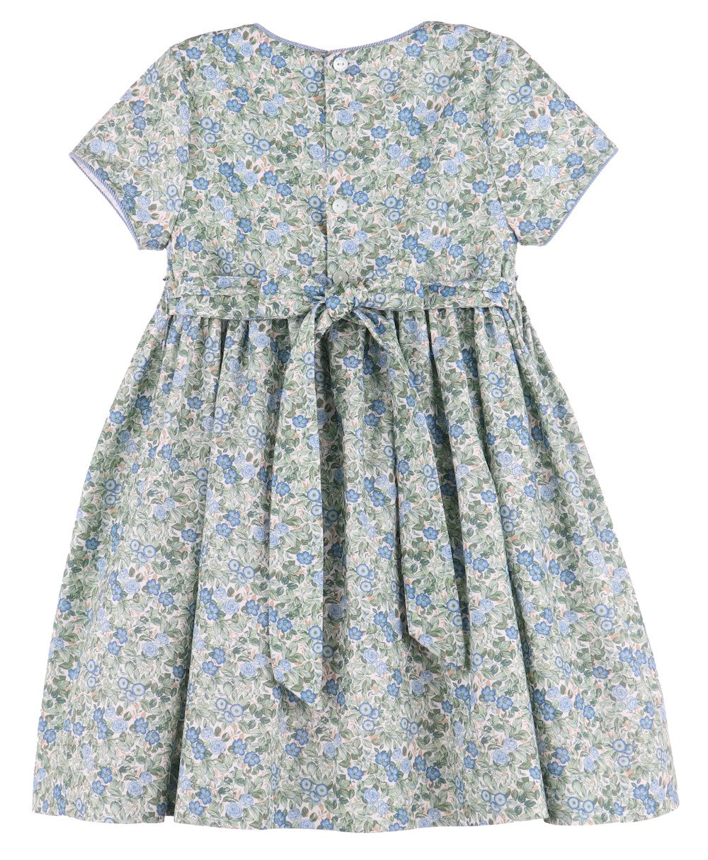 Luli & Me Girls Blue & Green Floral Smocked Dress - Sash in Back
